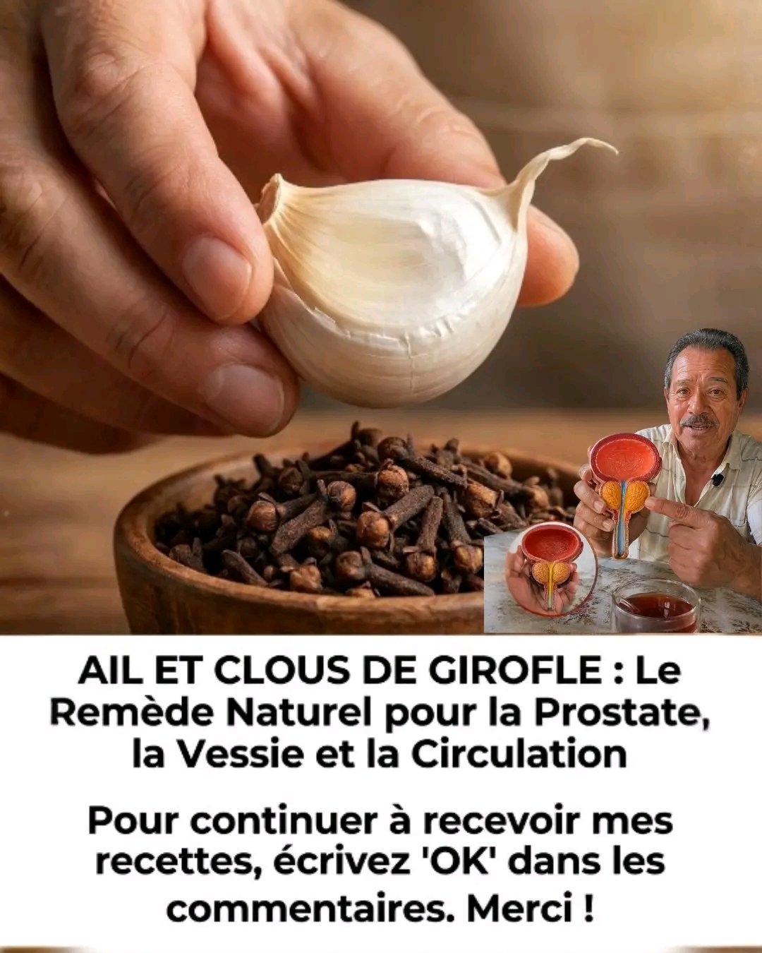 L’ail avec des clous de girofle : Le remède naturel pour la prostate, la vessie et la circulation. Pour continuer à recevoir mes recettes, il vous suffit de dire… Merci ! 25 1782153201073