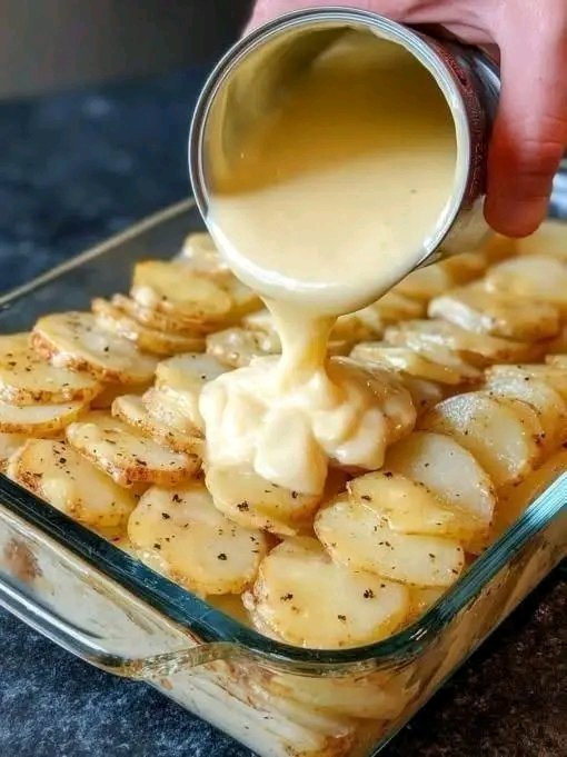 Versez la crème condensée de soupe au poulet sur des pommes de terre rousses tranchées crues, associées à 1 ingrédient,dans une cocotte en verre pour un repas réconfortant. Recette complète 25 1783132460954