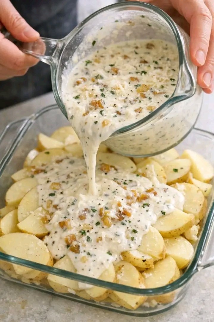 Versez cette 1 cuillère crémeuse sur les pommes de terre dans une cocotte en verre pour un souper d'hiver confortable qui est absurdement satisfaisant. Recette complète 25 1783465757774