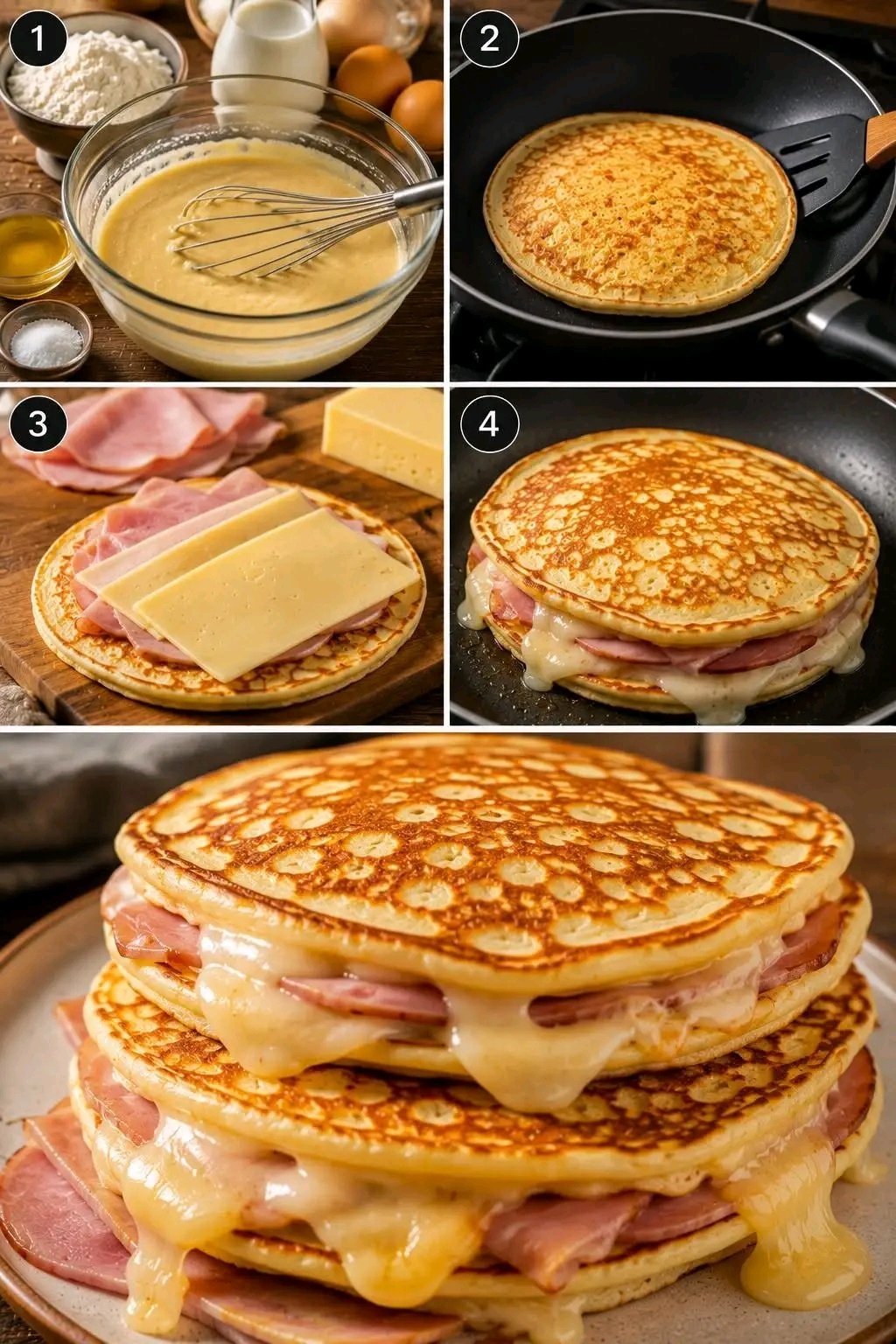 Les pancakes salés au jambon et fromage coulant sont une alternative irrésistible aux versions sucrées traditionnelles. Moelleux, dorés et généreusement garnis, ils allient la douceur de la pâte à la richesse du fromage fondant et au goût savoureux du jambon. Parfaits pour un brunch, un déjeuner rapide ou un apéritif dînatoire, ces pancakes se dégustent chauds, accompagnés d’une salade ou d’une sauce légère. Ingrédients pour 8 pancakes 150 g de farine 1 sachet de levure chimique 2 œufs 150 ml de lait .............. ✅ La recette complète est dans le premier ........... 25 1783517069833