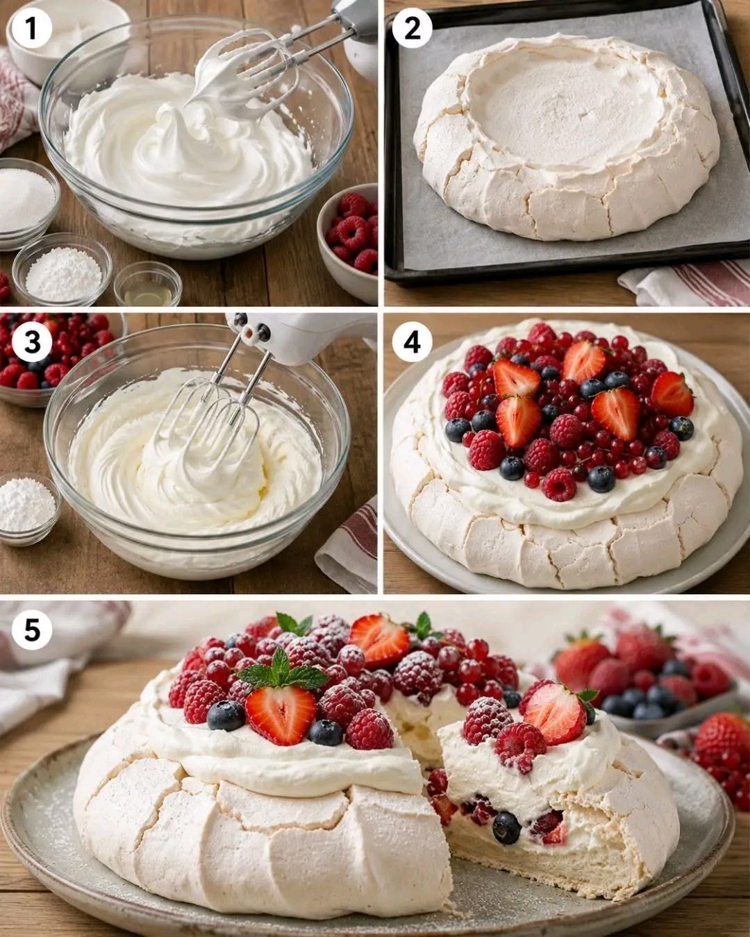 Cette pavlova aérienne, avec sa meringue croustillante à l'extérieur et moelleuse à l'intérieur, est surmontée de crème chantilly et de délicieux fruits rouges. Un dessert parfait pour impressionner vos invités ! Ingrédients : 4 blancs d'œufs (à température ambiante) 200 g de sucre (en poudre) 1 cuillère à soupe de fécule de maïs 30 cl de crème liquide (entière, 30% de matières grasses et bien froide) 125 g de framboises 250 g de fraises Il faut que j'exprime quelque chose pour continuer à recevoir mes recettes. . Merci. ........... 25 1783548777804