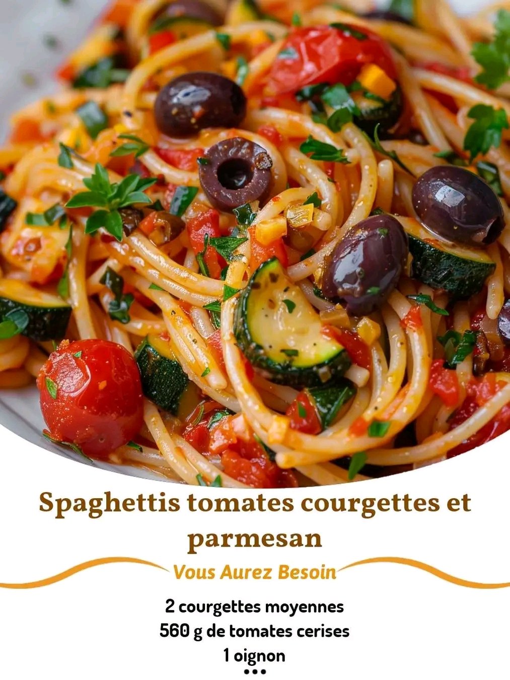 Spaghettis tomates courgettes et parmesan Ingrédients : 2 courgettes moyennes, coupées en petits dés 560 g de tomates cerises, coupées en deux 1 oignon, haché finement 2 gousses d’ail, hachées .... è 25 1784023787694